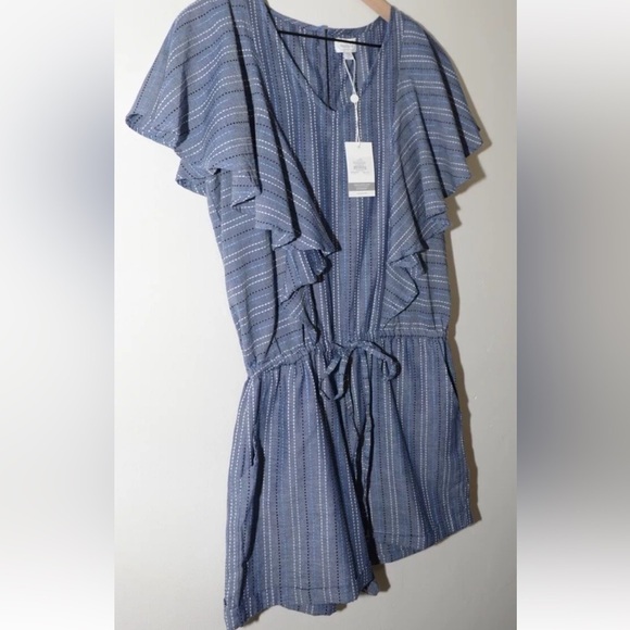 Mud Pie Romper Womens XS Isla (3”) Shorts Blue Chambray Stitched Stripe Ruffles - Picture 4 of 11